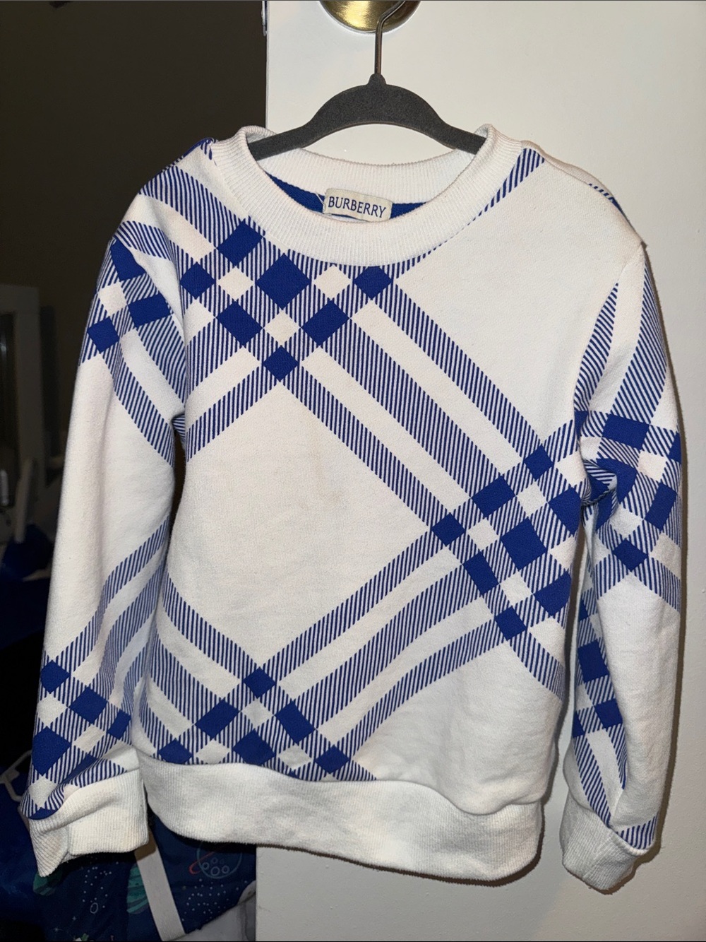 Burberry White and Blue Plaid Crewneck Sweater